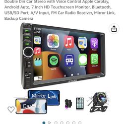 Double Din Car Stereo with Voice Control Apple Carplay, Android Auto, 7 Inch HD Touchscreen Monitor, Bluetooth, USB/SD Port, A/V Input, FM Car Radio R