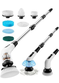Powerful Electric Spin Scrubber, , Cordless Cleaning Brush, 90-Min Extended Runtime, Telescopic Long Handle, 8 Replaceable Heads, 2 Speeds for Bathroo