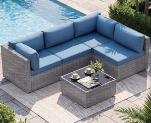5 Piece Outdoor Patio Furniture Set with Silver PE Rattan, Navy Blue
All Weather Conversation Furniture with Washable Cushions Glass Coffee Table for 