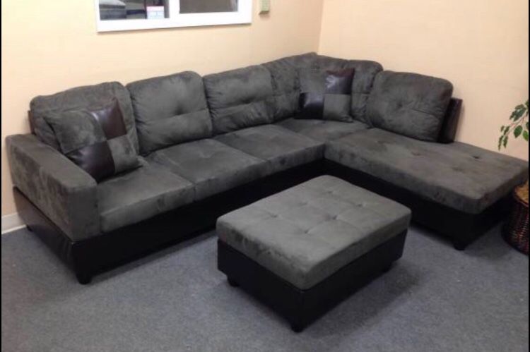 Brand New Grey Microfiber Sectional Sofa with Storage Ottoman