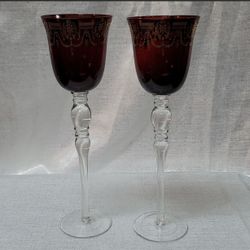 Interglass - Set of 2 Gorgeous Italy Ruby Red Crystal Wine Glasses w/ Gold Etching