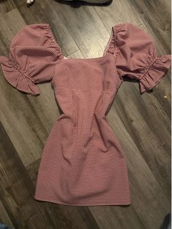 Red Gingham Puff Sleeve Mini Dress