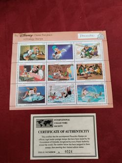 Coins .Set Of 9 Pinocchio Stamps, Certificate Of Authenticity Limited .