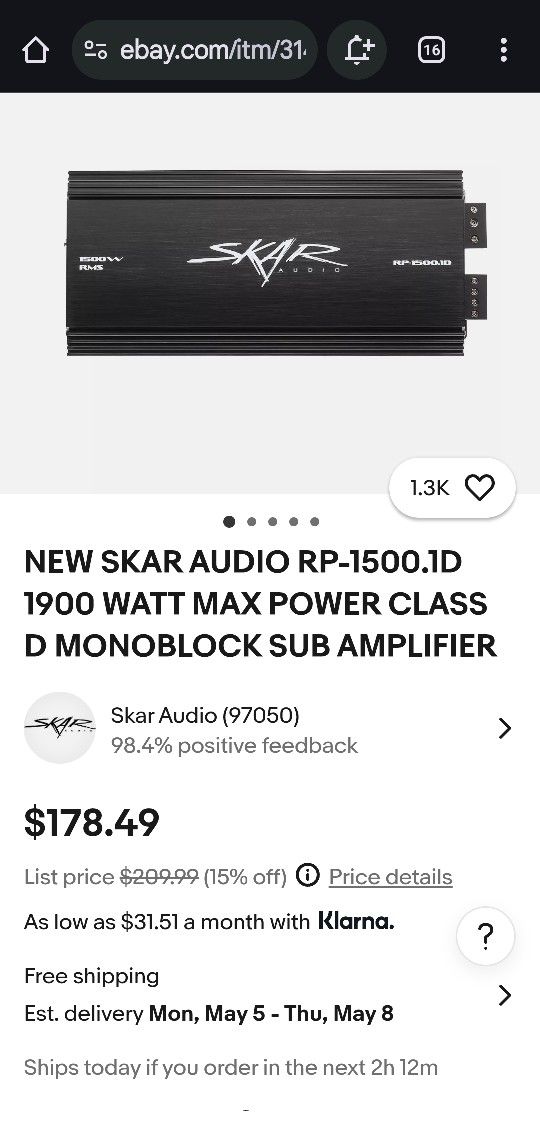 Skar 1500 Watt Mono block Amp