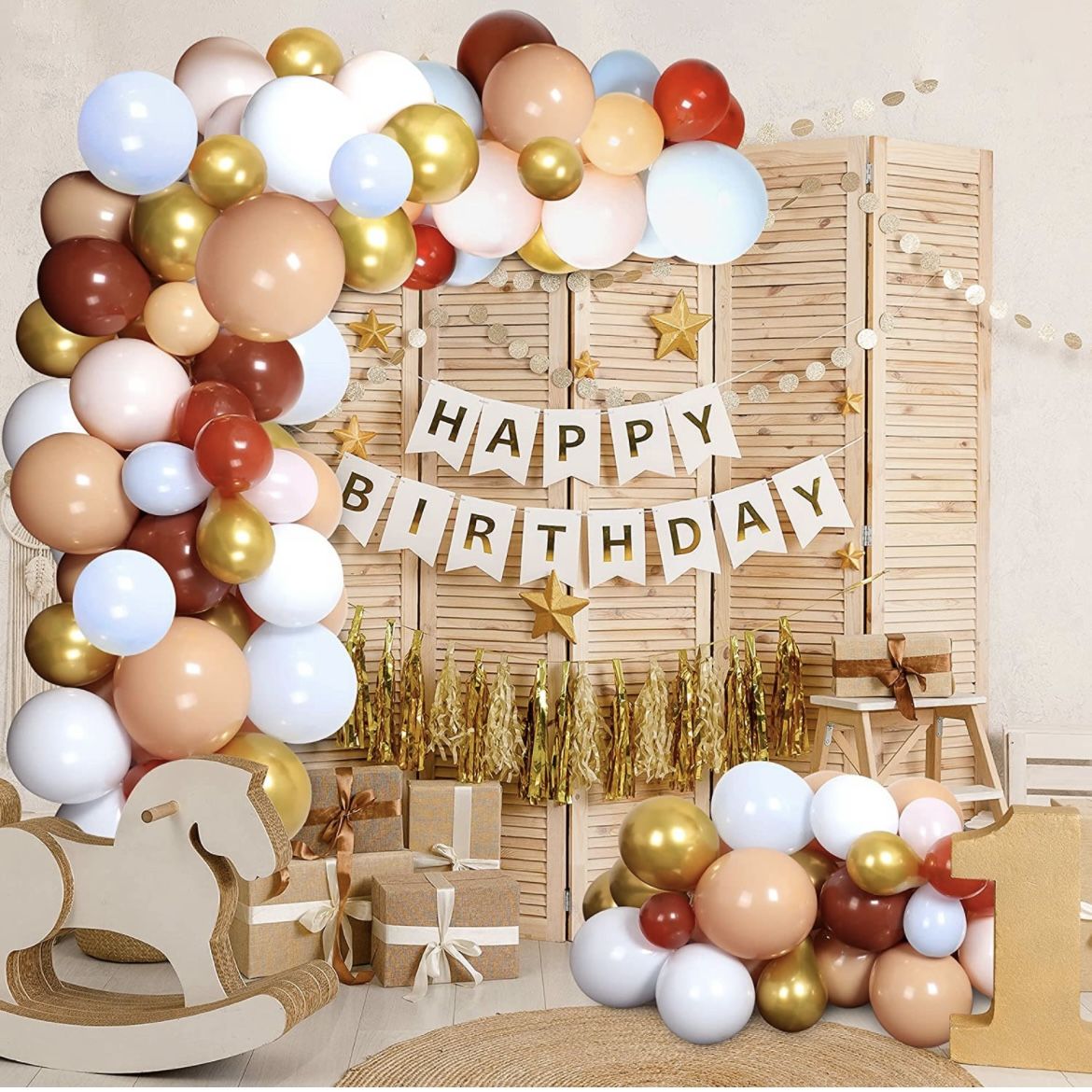 160PCS DIY Beige Brown Balloon Garland Arch Kit for Birthday Party Double Stuffed Balloons 5" 10" Metallic Gold Light Blue Pink Neutral Ma
