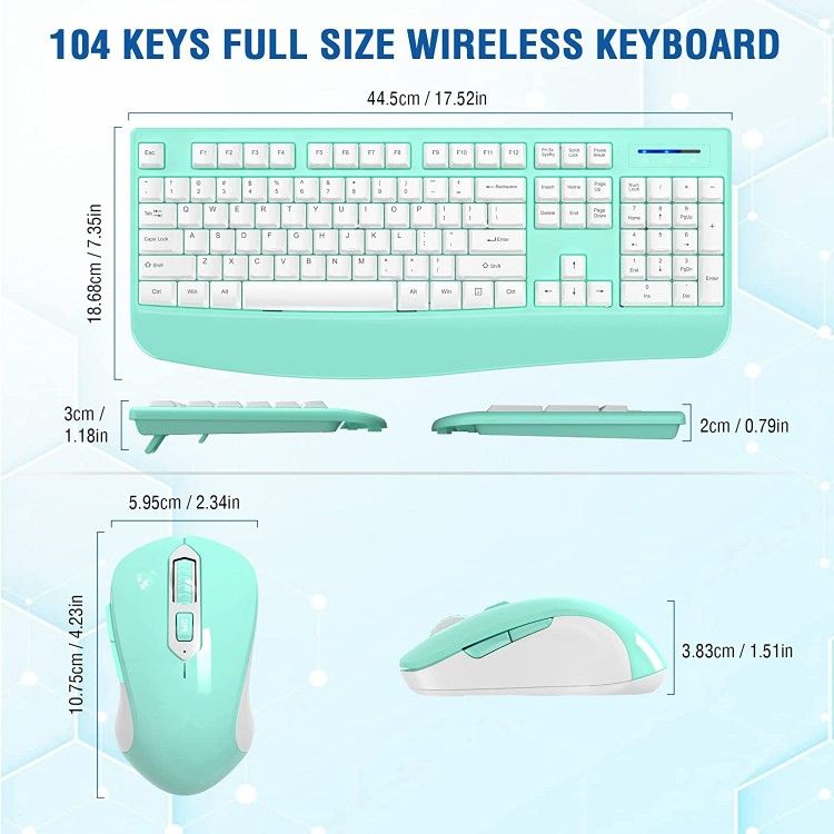 Wireless Keyboard and Mouse Combo, 2.4G Full-Sized Ergonomic Computer Keyboard with Wrist Rest and 3 Level DPI Adjustable Wireless Mouse for Wind