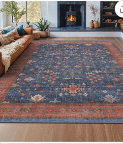 Washable Navy Blue Living Room Rug, 8x10 Area Rug For Bedroom, Dining Room Rugs for Under Table - Low Pile Non-Slip Rubber Backing Stain Resistant Rug