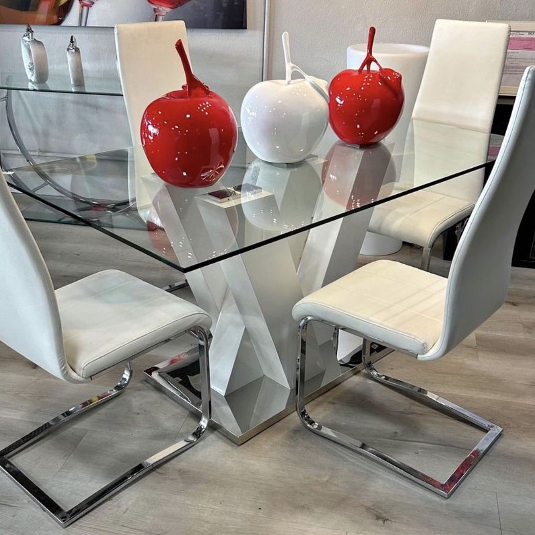 White Chrome Modern 5 Piece Dining Table Set 