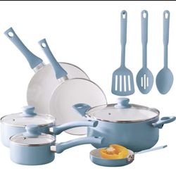 12pc Ceramic Cookware Set, Blue Linencookware  pots and pans set