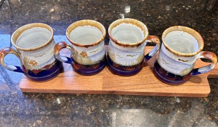 Vintage Tony Evans Studio Art Pottery Mugs Set of 4 Signed Mountain Landscape