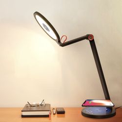 YUNLIGHTS Multifunctional LED Desk Lamp with 15W Fast Wireless Charger, 3 Lighting Modes, 5 Brightness Levels, Touch Control, 60 min Auto Timer, Eye-C