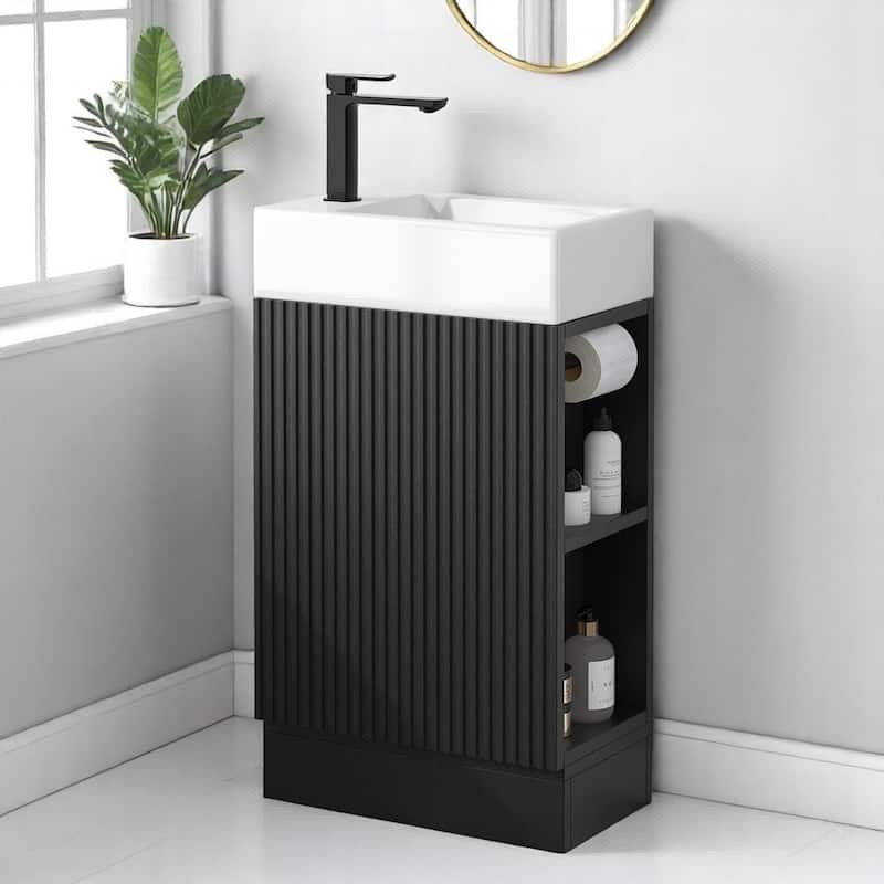 Modern black bathroom vanity with sink and open shelves