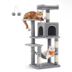 Cat Tree, 44.1-Inch Cat Tower for Indoor Cats, Multi-Level Cat Condo with 4 Scratching Posts, 2 Perches, Hammock, Cave, Light Gray 