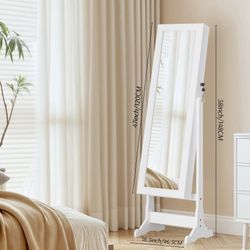 BTEXPERT Mirror Jewelry Cabinet Standing – Full-Length LED Jewelry Armoire with Lock, Large Organizer, White 