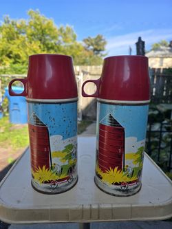 Vintage 1958 RED BARN Lunchbox Thermos - set of 2