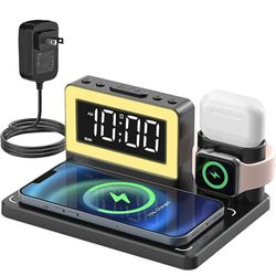 5 in 1 Charging Station for Multiple Devices Apple,Fast Wireless Charging Station with Alarm Clock,7 Color Night Light,iPhone Charging Stand for iPhon