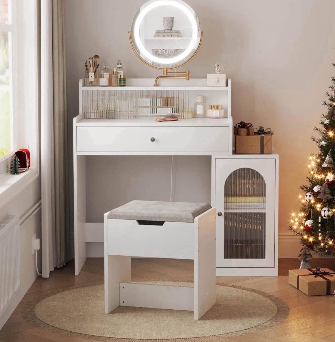 , Makeup Vanity Desk with Rotatable Mirror and Lights, White Make Up Vanity Table with 3 Adjustable Lighted and Chair, Makeu