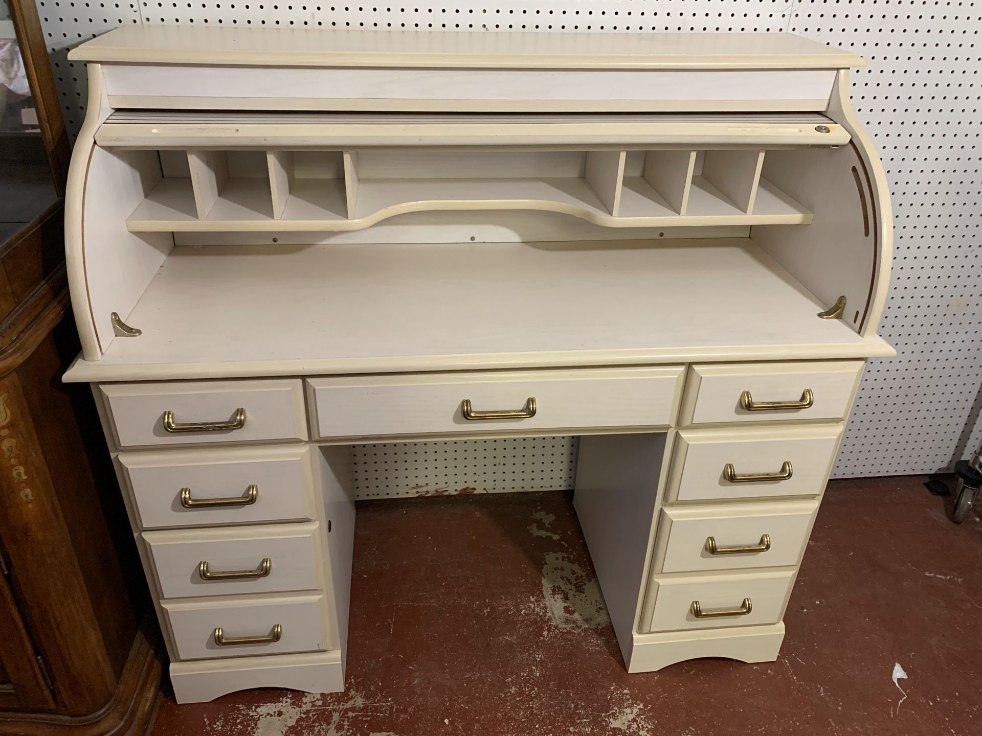 Large Roll Top Desk - Secretary’s Desk - Off White Beige Cream Color