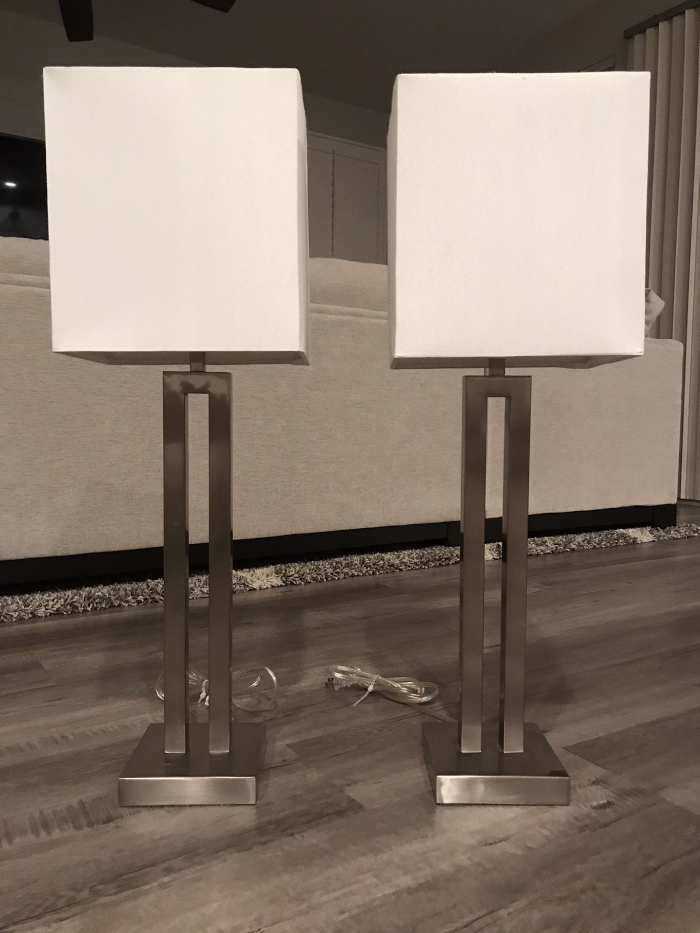 Beautiful pair of modern lamps with ivory shade and stainless steel/brushed nickel/satin nickel base