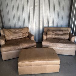 Ethan  Allen  Leather Chairs And Ottoman 
