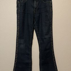 Cos Jeans, Women’s Blue Flared 5 Pocket Denim Embroidered Jeans, Size 8