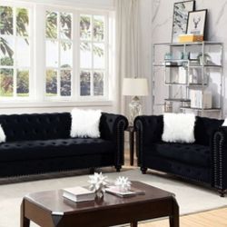 Brand New Glam Black Velvet-Like Fabric Chesterfield Style Button Tufted Nailhead Trim Couch Sofa + Loveseat Set Couches