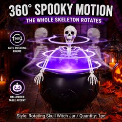 Halloween Witch Jar, Rotating Skull Witch Jar, Retro Spooky Magical Party Halloween Decoration, Suitable for Indoor Home Dining Table Kitchen Decorati
