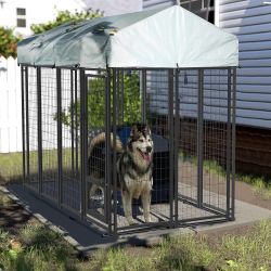 Heavy Duty Large Outdoor Dog Kennel 8x4x6 FT, Escape-Proof Dog Run with Double-Latch Gate, Heat Dissipation Sunshade Cover & 2 Stainless Steel Bowls, 