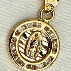 14K Solid Gold Disc Virgen de Guadalupe , Cubic Zirconia Pendant