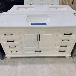 Brand New 60 in. W x 22 in. D Single Sink Bath Vanity in White with White Marble Top $899 