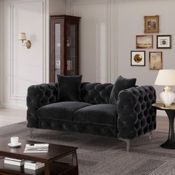 SOFA Modern Contemporary 62 in. Love Seat with Deep Button Tufting Dutch Velvet, Solid Wood Frame and Iron Legs in Black