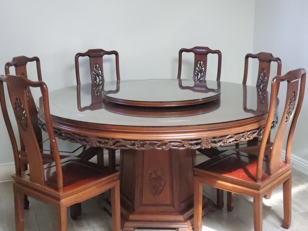 Dark Cherry Rosewood Flower and Bird Round Oriental Dining Set with 8 Chairs