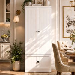 70.9" H White Farmhouse Pantry Cabinet with 2 Doors, 4 Shelves and 1 Large Drawer