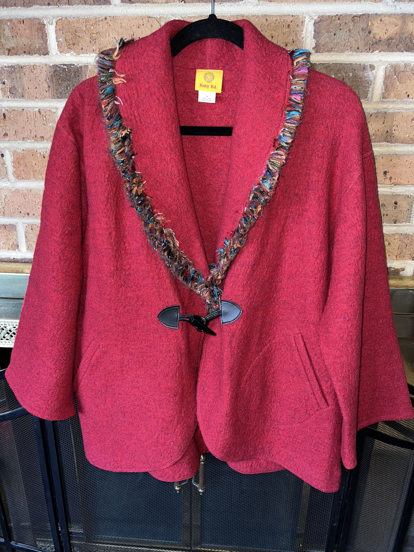 Ruby Rd Red poncho-like jacket with colorful fringe detail