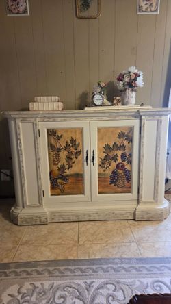 Distressed Cream Cabinet with Fruit Artwork