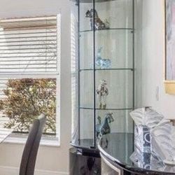 Vintage Black Lacquered 2-Piece Lighted Round Display with 3 and removable interior glass shelves Step on switch