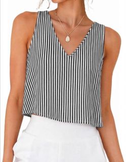 New Size Small Striped Tank Top Women’s Spring Summer V Neck Cropped Sleeveless Shirt Blouse
