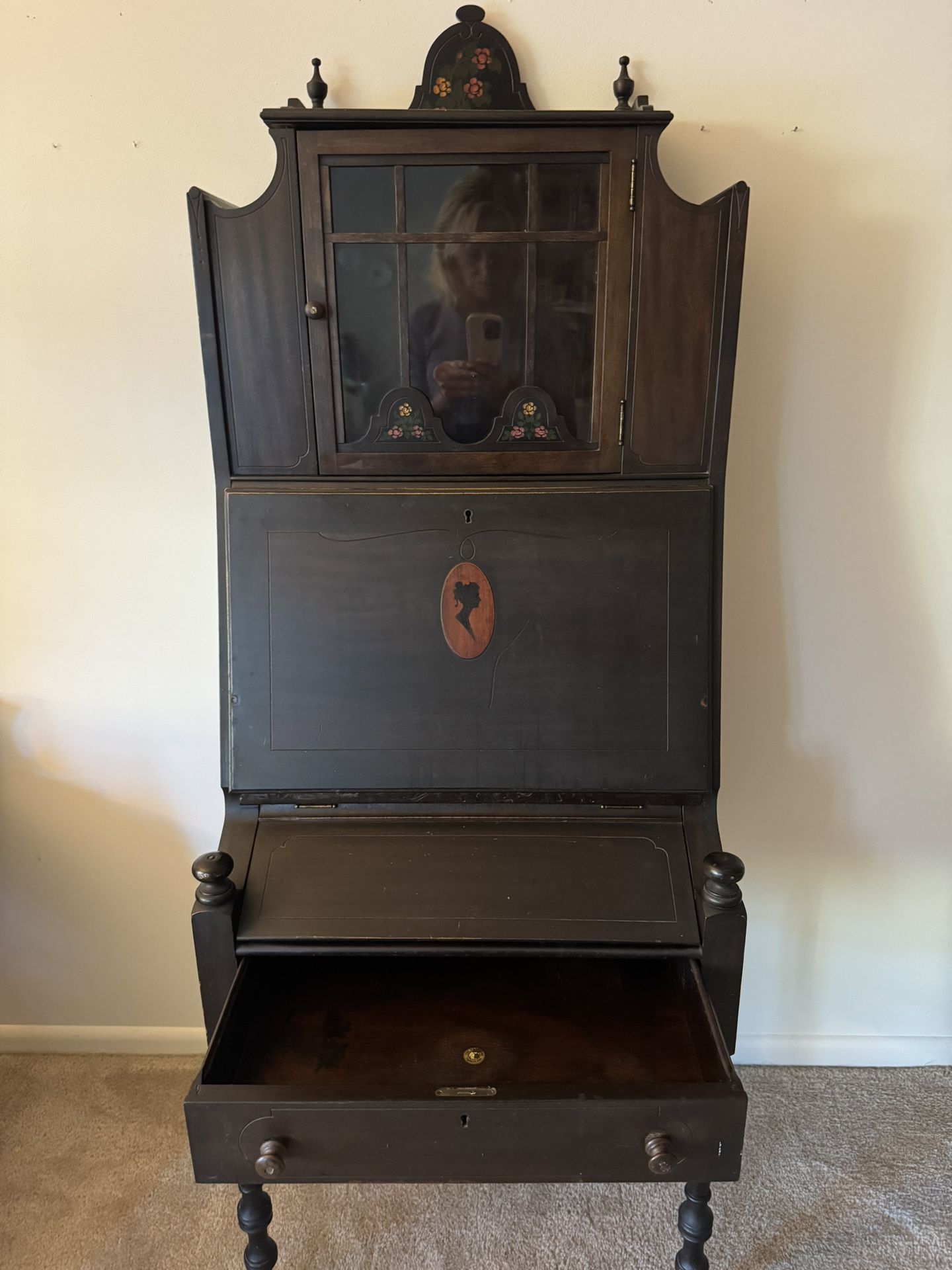 Rare Antique Daisy Line Petite Secretary/drop leaf writing desk hand painted fleur di leas 5’ Tall