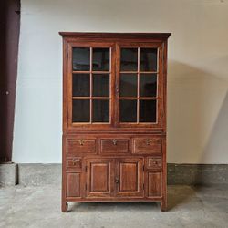 Vintage Wood Hutch With Glass Doors 
