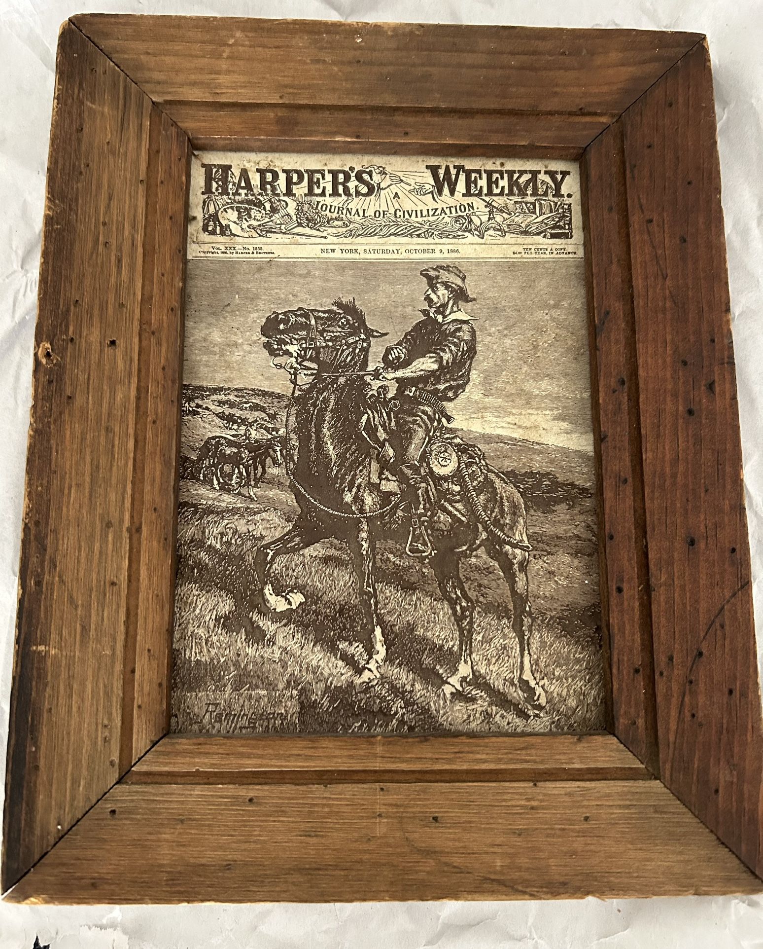 1886 Harper's Weekly Magazine Cover Engraved/Texture Art by Remington Framed