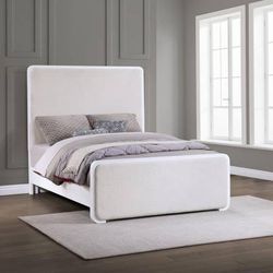 ~Queen Panel Bed in Pearl White Frame with Beige Upholstery! 