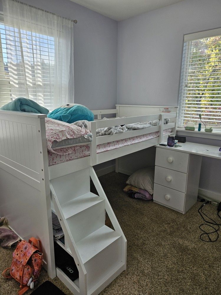 Twin Loft Bed W/ Desk, Stairs, And Drawers