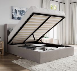Full Size Lift Up Storage Bed/Modern Wingback Headboard/Upholstered Platform Bed Frame/Hydraulic Storage/No Box Spring Needed/Wood Slats Support/Light