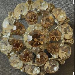 Vintage Topaz And Clear Rhinestone Layered Gold Tone Brooch