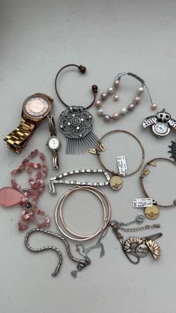 Estate Jewelry Lot 15+ Pcs - Wind & Fine Bracelets, Watches, Owl Pendant, Sunflower Necklace, Pearl Bracelet, Hoops & Chains