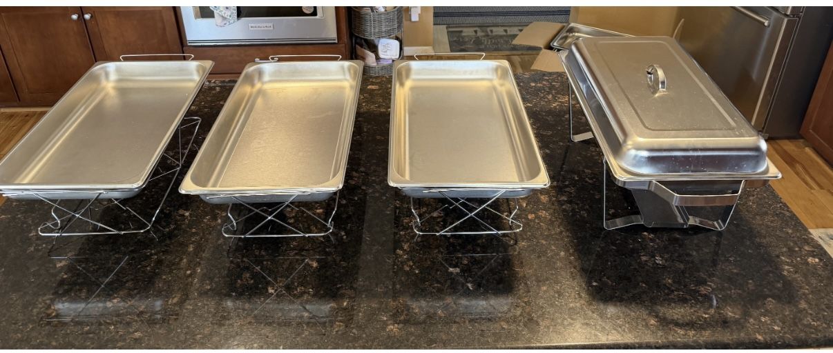 Full Set – 4 Full-Size Stainless Steel Steam Table / Chafing Pans + Stands (Excellent Condition - Like new)
