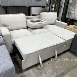 SECTIONAL WITH SLEEPER, REVERSABLE STORAGE CHAISE, USB CHARGER, TABLE - [NEW]