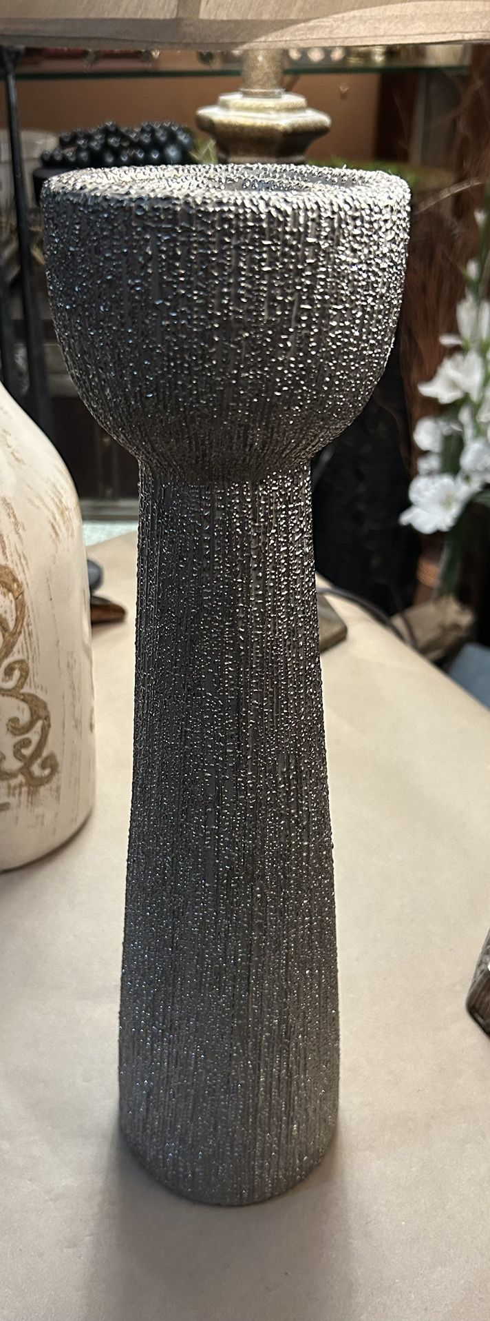 Unique 16 Inch Chunky Ceramic Silver Candle Holder