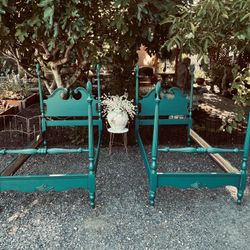 Antique Peacock Teal Matching Twin Beds 