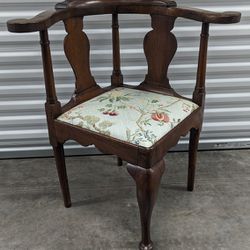 Early Solid Mahogany Corner Chair w/ Floral Upholstery - Solid Wood - Can Deliver 
